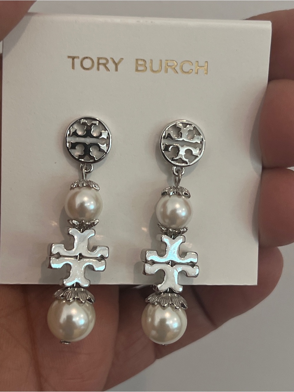 Tory Burch Silver and Pearl Drop Logo Earrings - Picture 3 of 5